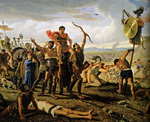 Roman “General” Marius who led his ad lib army of Romans in the time of the Republic to a defeat of Germanic tribes surrounded by his rustic soldiers—19th century AD painting by Saverio Altamura