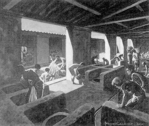 Reconstruction drawing of an ancient fullery in Ostia, Italy as it must have looked in 125 AD