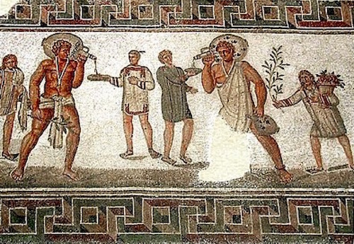 2nd century AD mosaic from Dougga, Tunisia: 2 strapping slaves in the middle are carrying amphoras of wine and pouring wine for their masters; the slave boy on the right carries a bough and basket of flowers to decorate his master’s home and the boy on the left is carrying towels for his master’s bath.